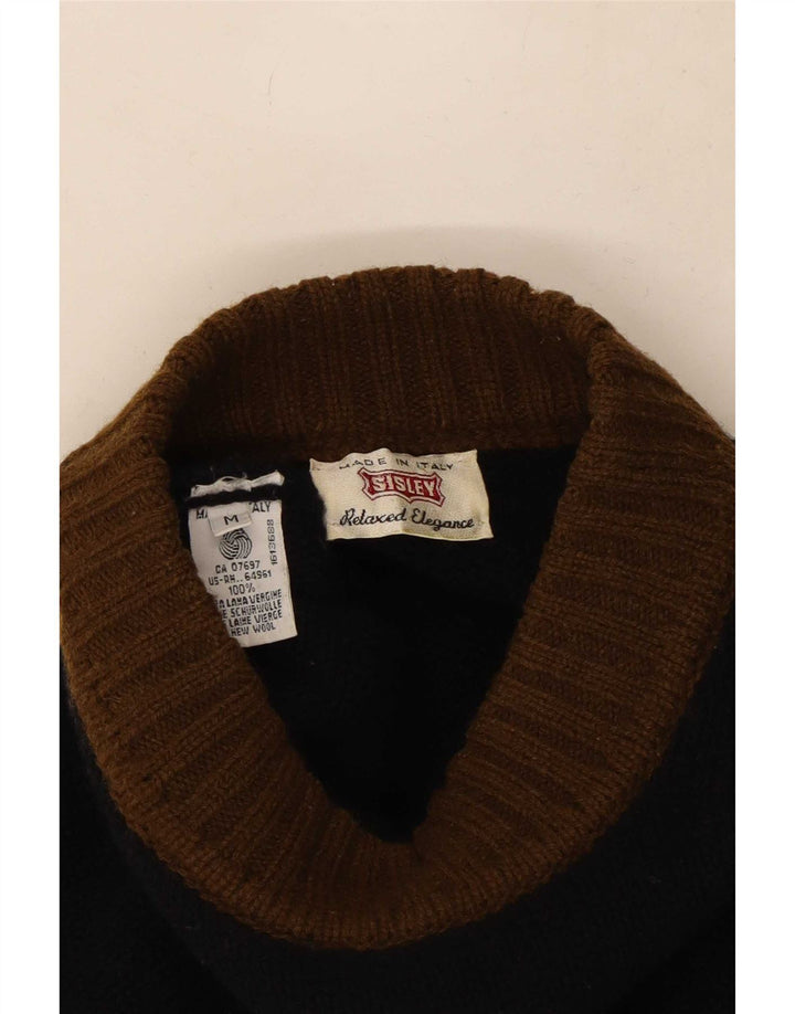 Sisley Jersey con cuello alto para hombre, jersey de lana Fair Isle en color negro mediano