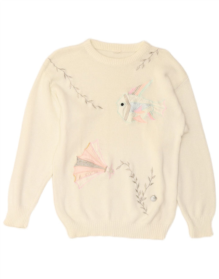 VINTAGE Mujer Crew Neck Jumper Suéter Reino Unido 14 Medio Blanco Apagado
