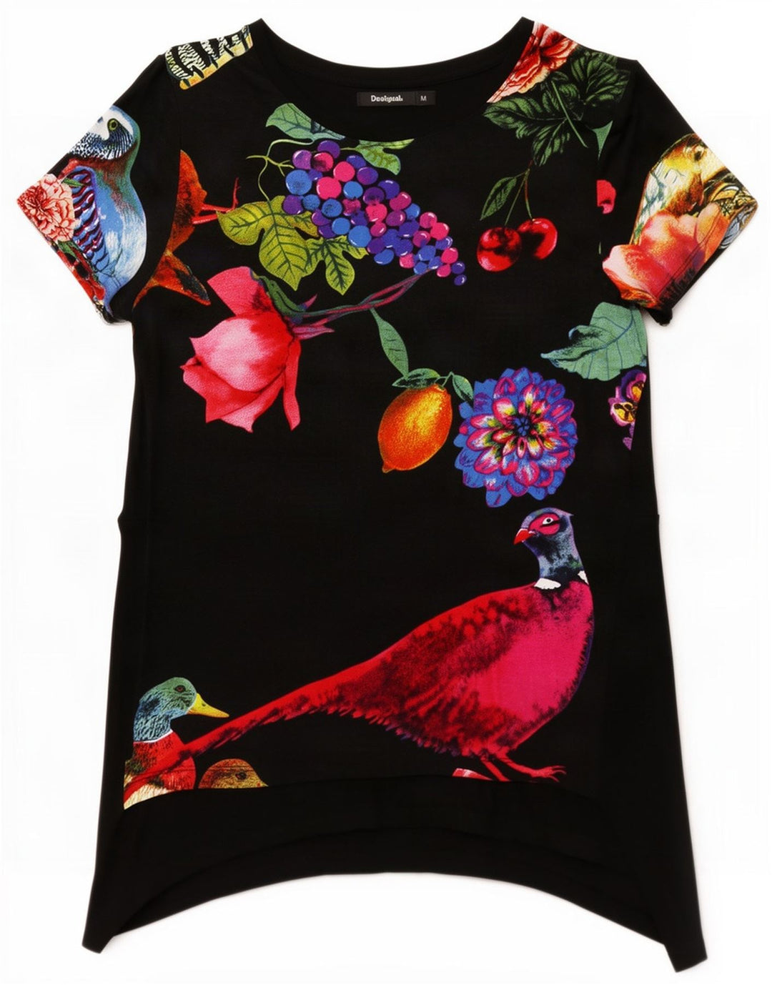 Desigual Top tipo túnica con estampado de pavos reales para mujer UK 12 Medium Black Floral