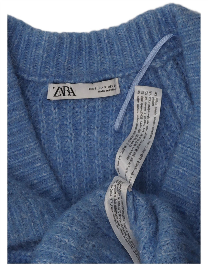 Zara Mujer Cárdigan Suéter UK 10 Pequeño Poliéster Moteado Azul