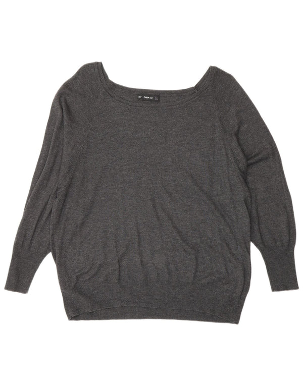 Zara Womens 3/4 Sleeve Boat Neck Jumper Sweater UK 14 Medium Grey Flecked