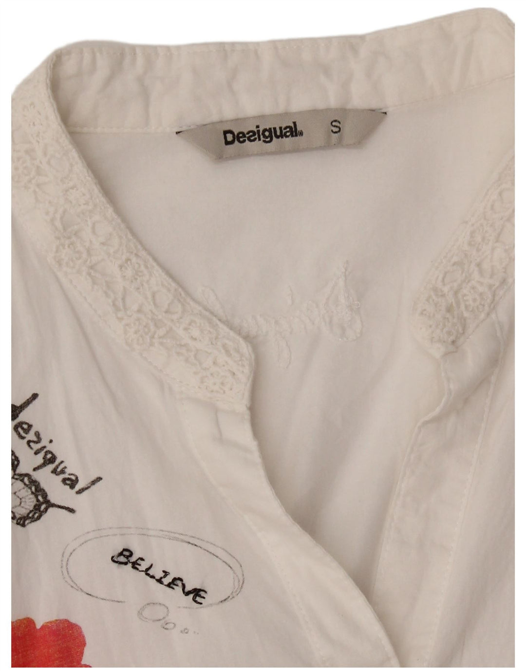 Desigual Mujer Blusa Camisa Gráfica UK 10 Small Blanco