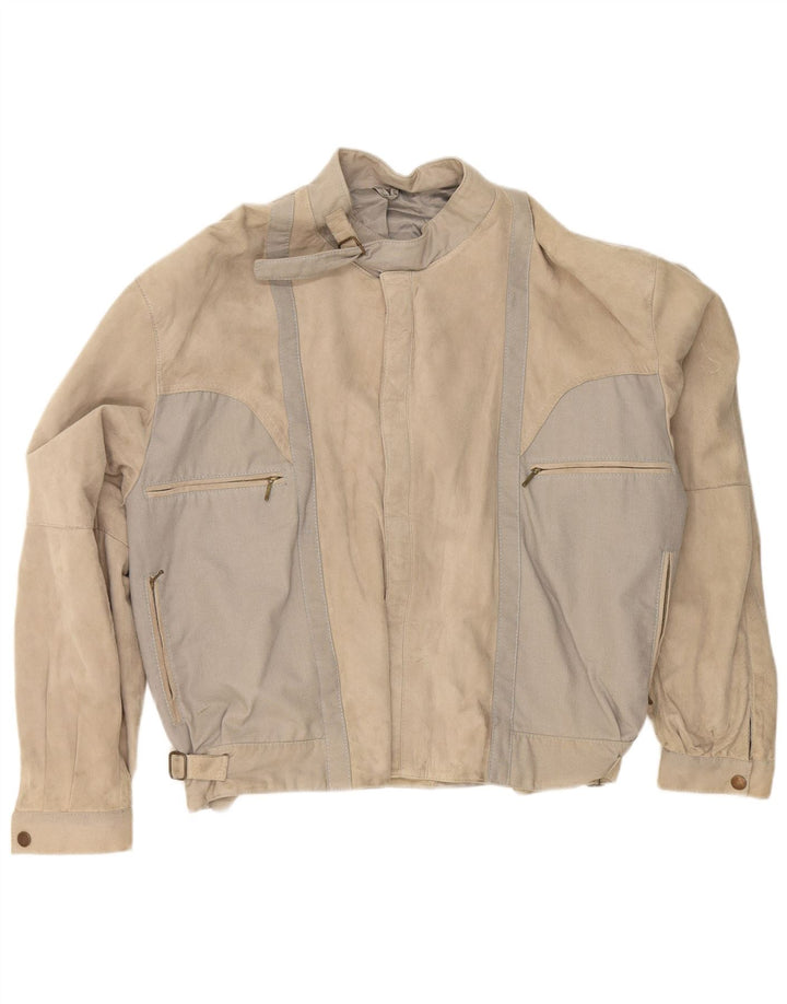 Vintage hombres ante Racer chaqueta IT 50 grande beige colorblock cuero