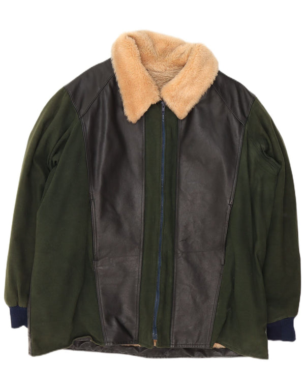 Vintage hombres Sherpa chaqueta de cuero Reino Unido 42 XL bloque de color verde