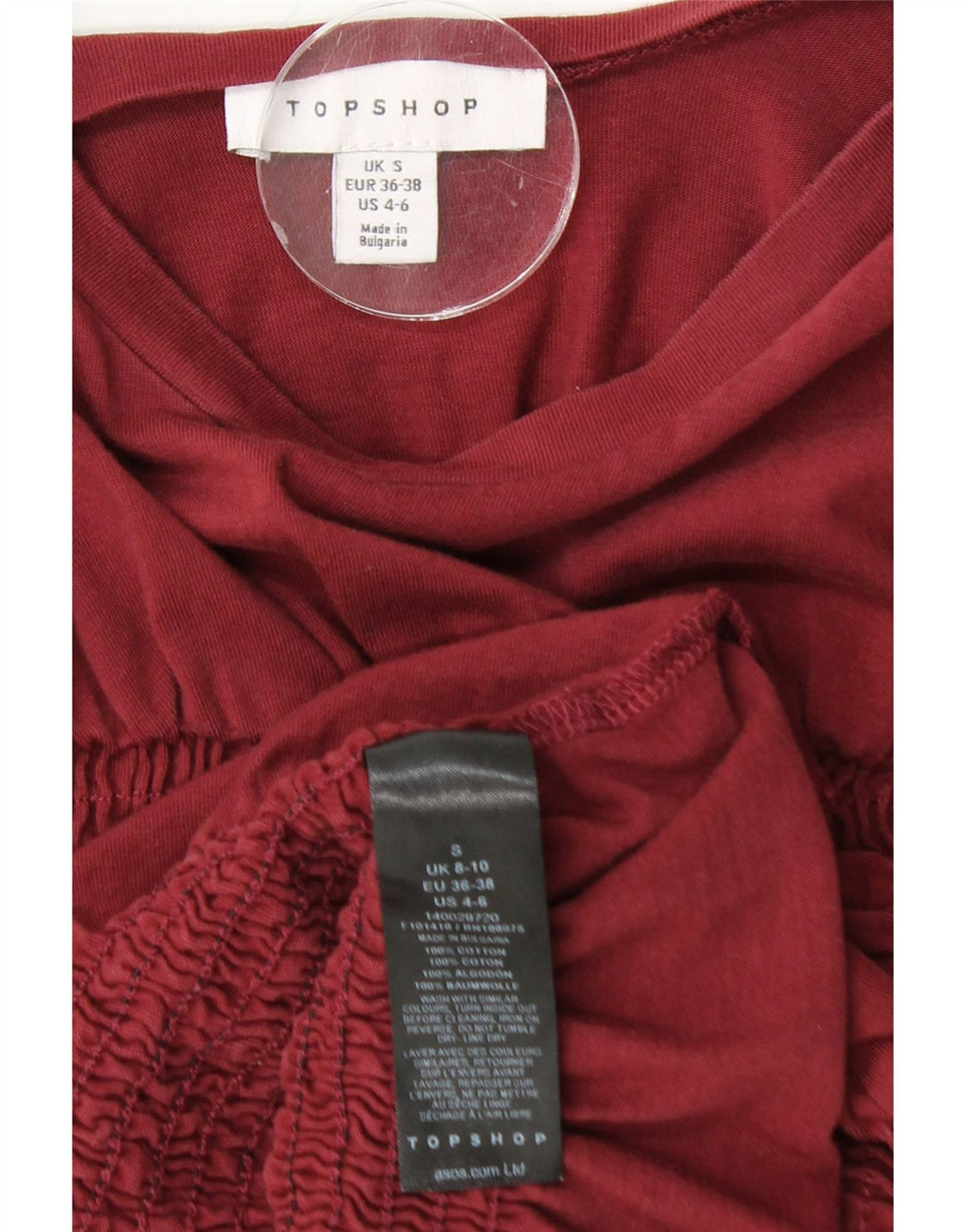 TOPSHOP Blusa corta para mujer UK 10 Small Borgoña Algodón