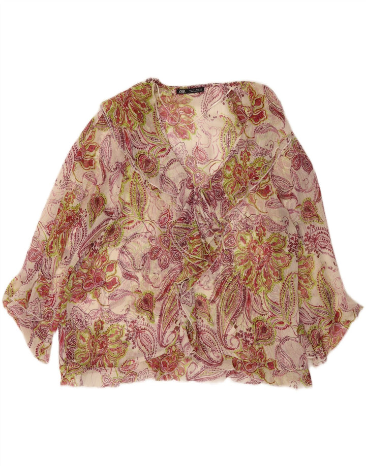 Zara Blusa Delantera Con Volantes Para Mujer UK 44 Grande Multicolor Floral
