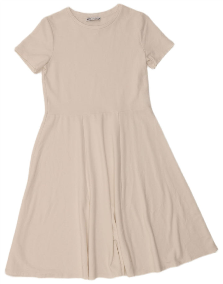 ZARA Mujer Vestido Acampanado UK 40 Small Viscosa Blanca