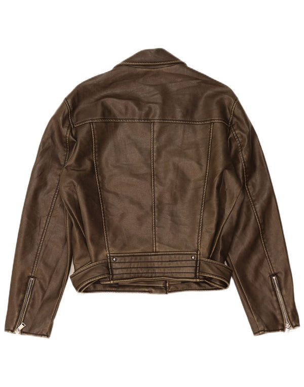 Zara Mujer Chaqueta Motera De Piel Sintética UK 44 Polietileno Marrón Medio