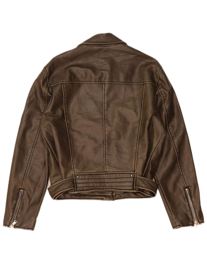 Zara Mujer Chaqueta Motera De Piel Sintética UK 44 Polietileno Marrón Medio