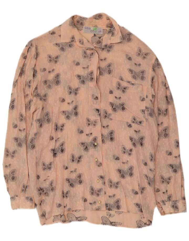 VINTAGE Mujer Camisa Gráfica Blusa Reino Unido 16 Mariposa de Seda Rosa Grande