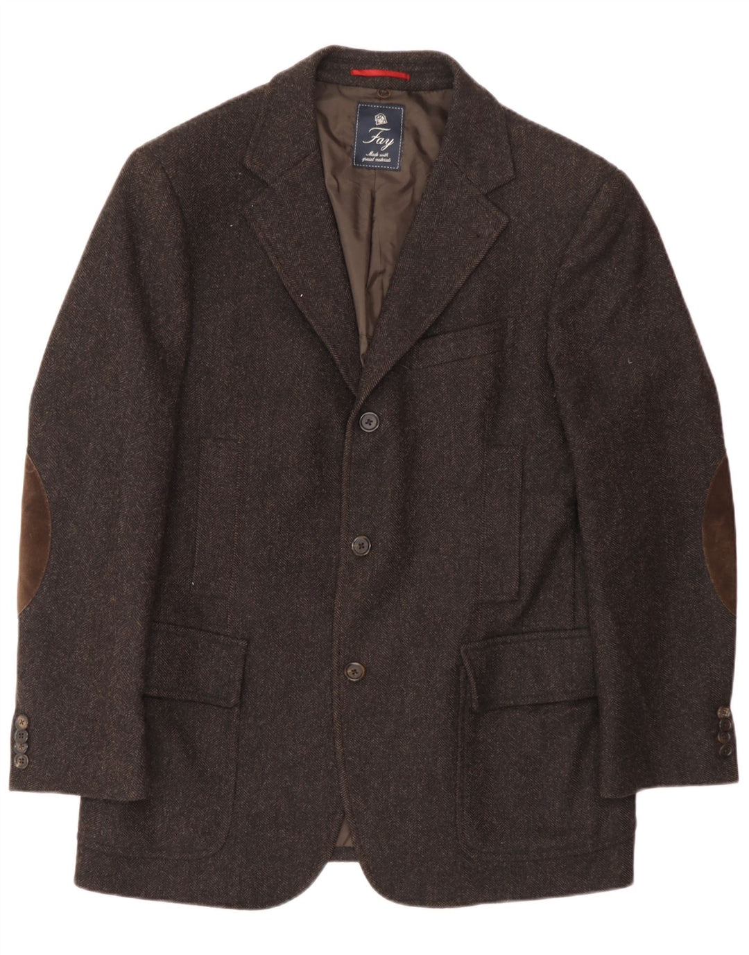 Fay Chaqueta tipo blazer de 3 botones para hombre IT 50 Large Brown Herringbone Wool