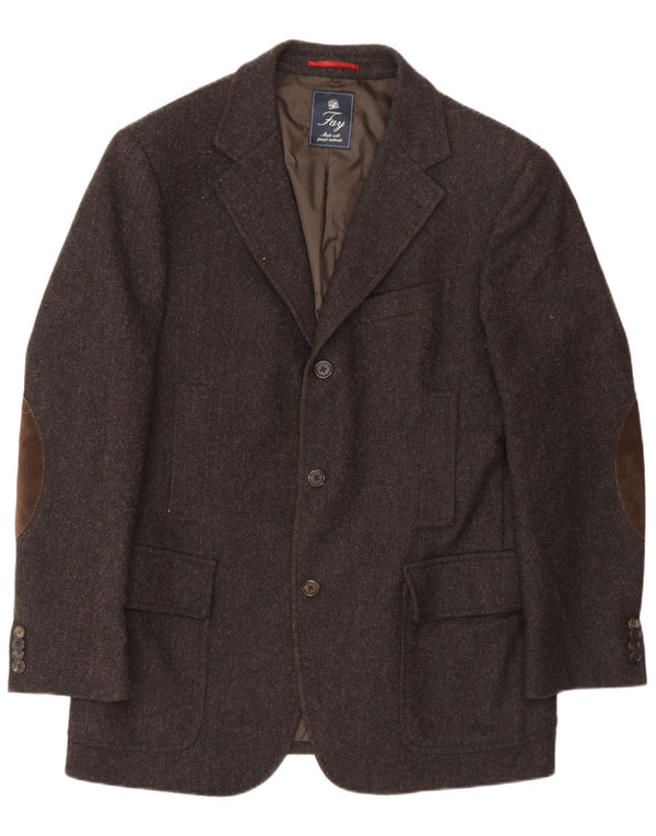 Fay Chaqueta tipo blazer de 3 botones para hombre IT 50 Large Brown Herringbone Wool