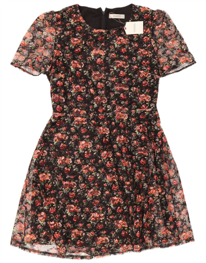 Oasis Vestido acampanado para mujer UK 40 Mediano Poliéster floral negro