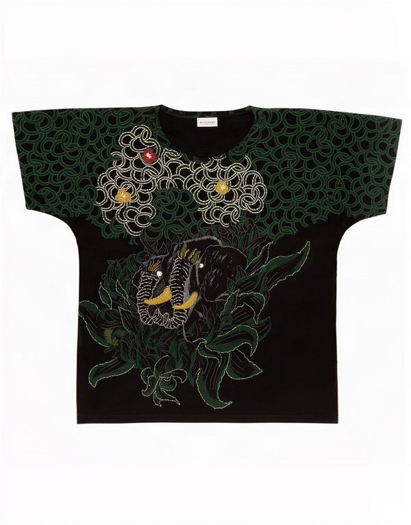 Vintage mujer camiseta gráfica Top UK 14 Medio Negro Animal Print Algodón
