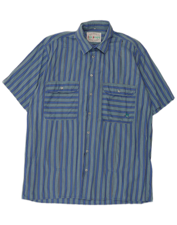 Camisa vintage de manga corta para hombre de algodón a rayas azules grandes