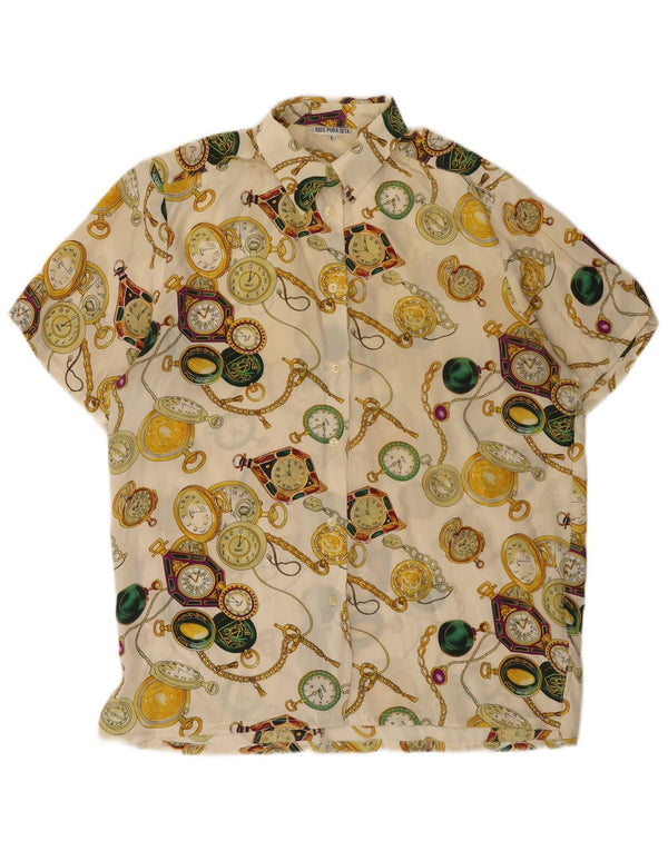Vintage mujer patrón abstracto camisa blusa Reino Unido 16 grande de blanco