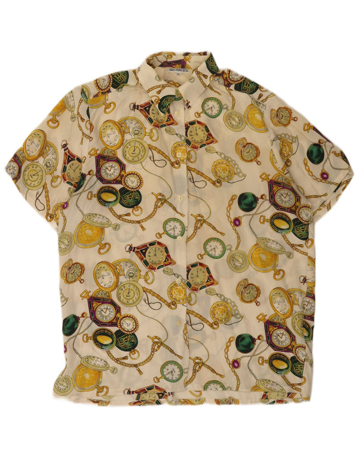 Vintage mujer patrón abstracto camisa blusa Reino Unido 16 grande de blanco