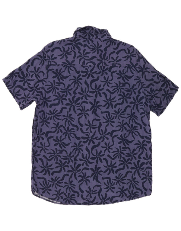 Vintage hombres camisa de manga corta grande azul marino floral viscosa
