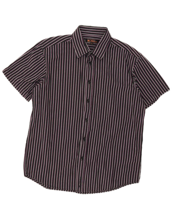 Ben Sherman Camisa de manga corta para hombre de algodón a rayas negras grandes