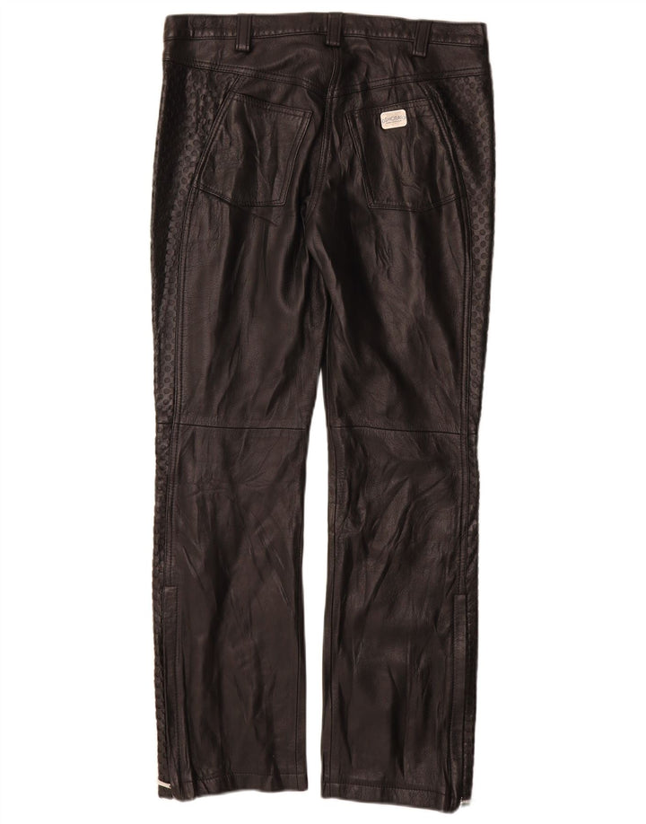 Pantalones de cuero rectos vintage para mujer IT 42 Medio W28 L29 Cuero negro