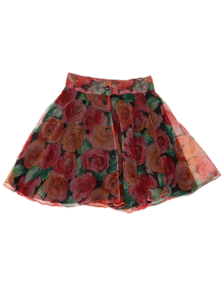 Vintage mujer mini falda circular W25 pequeño poliéster floral multicolor