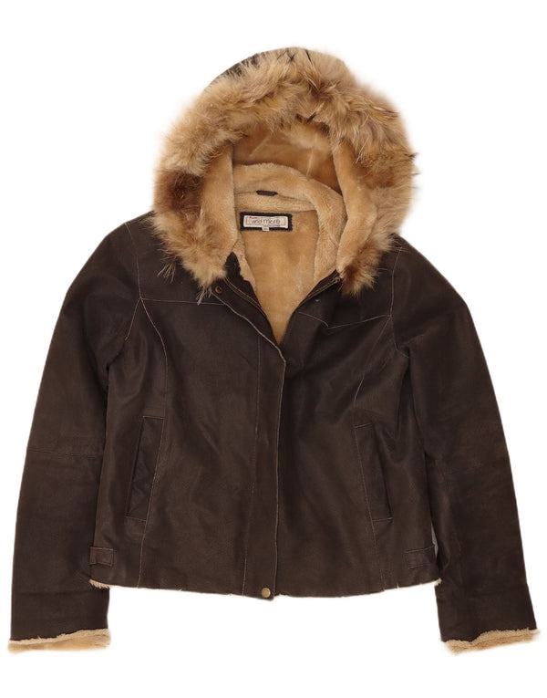Bata and More Chaqueta de piel de oveja con capucha para mujer IT 46 Large Brown Leather