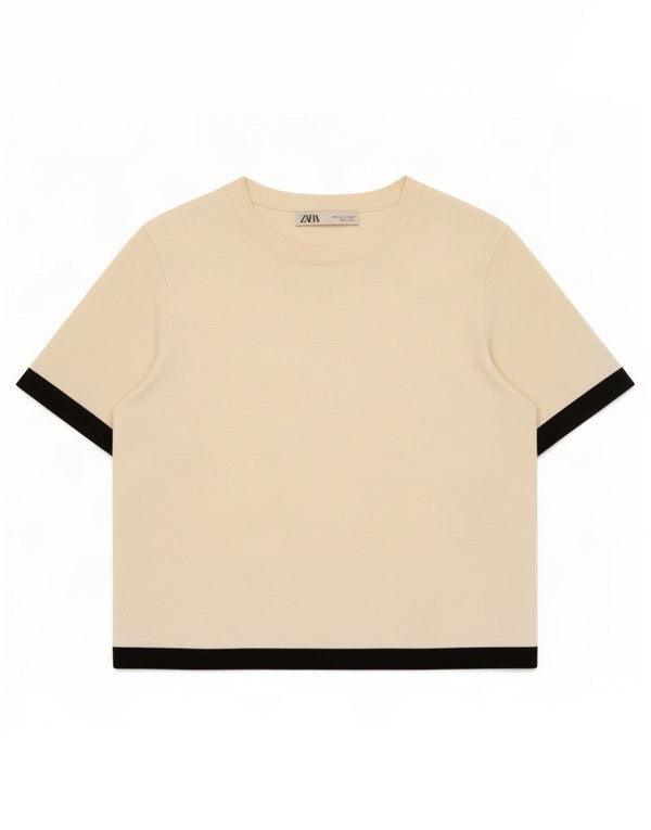 Zara Mujer Crop Camiseta Top UK 10 Small Beige Colorblock Viscosa