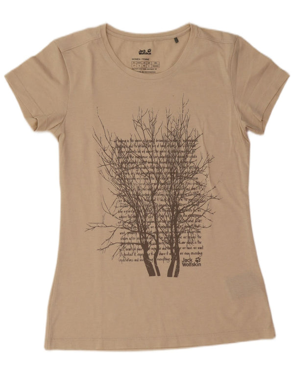 Jack Wolfskin Womens Graphic T-Shirt Top UK 6 XS Beige Cotton