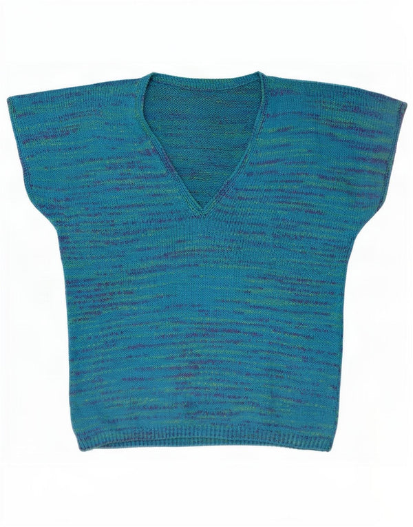 Vintage mujer manga corta V-cuello jumper suéter Reino Unido 18 XL azul moteado