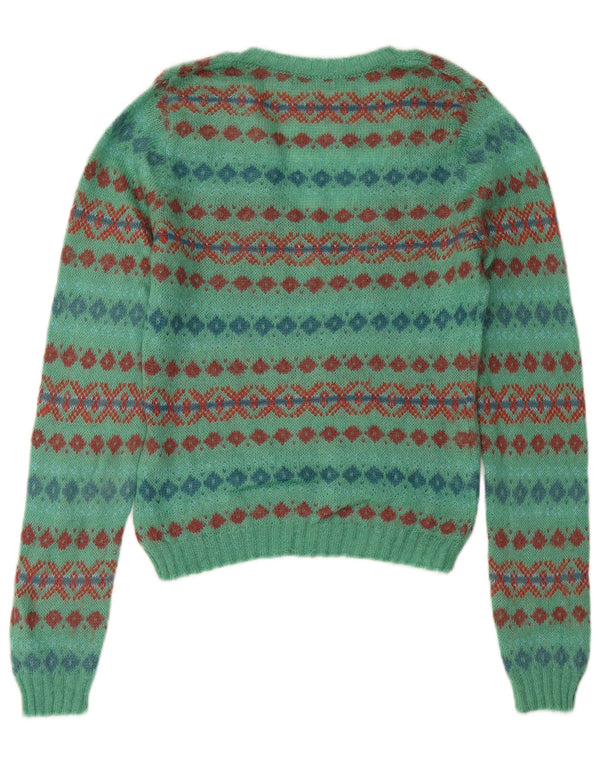 SISLEY Suéter corto con cuello en V para mujer UK 14 Medium Turquesa Fair Isle