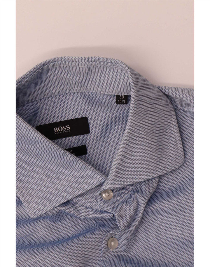 Camisa Hugo Boss Hombre Talla 39 15 1/2 Algodón Manchado Azul Medio