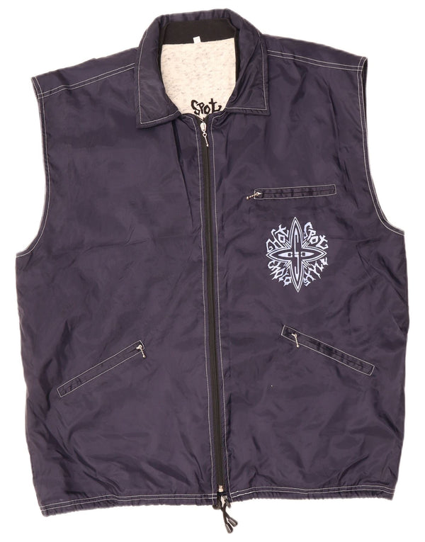 Vintage hombres Gilet Reino Unido 40 grande azul marino geométrico nylon