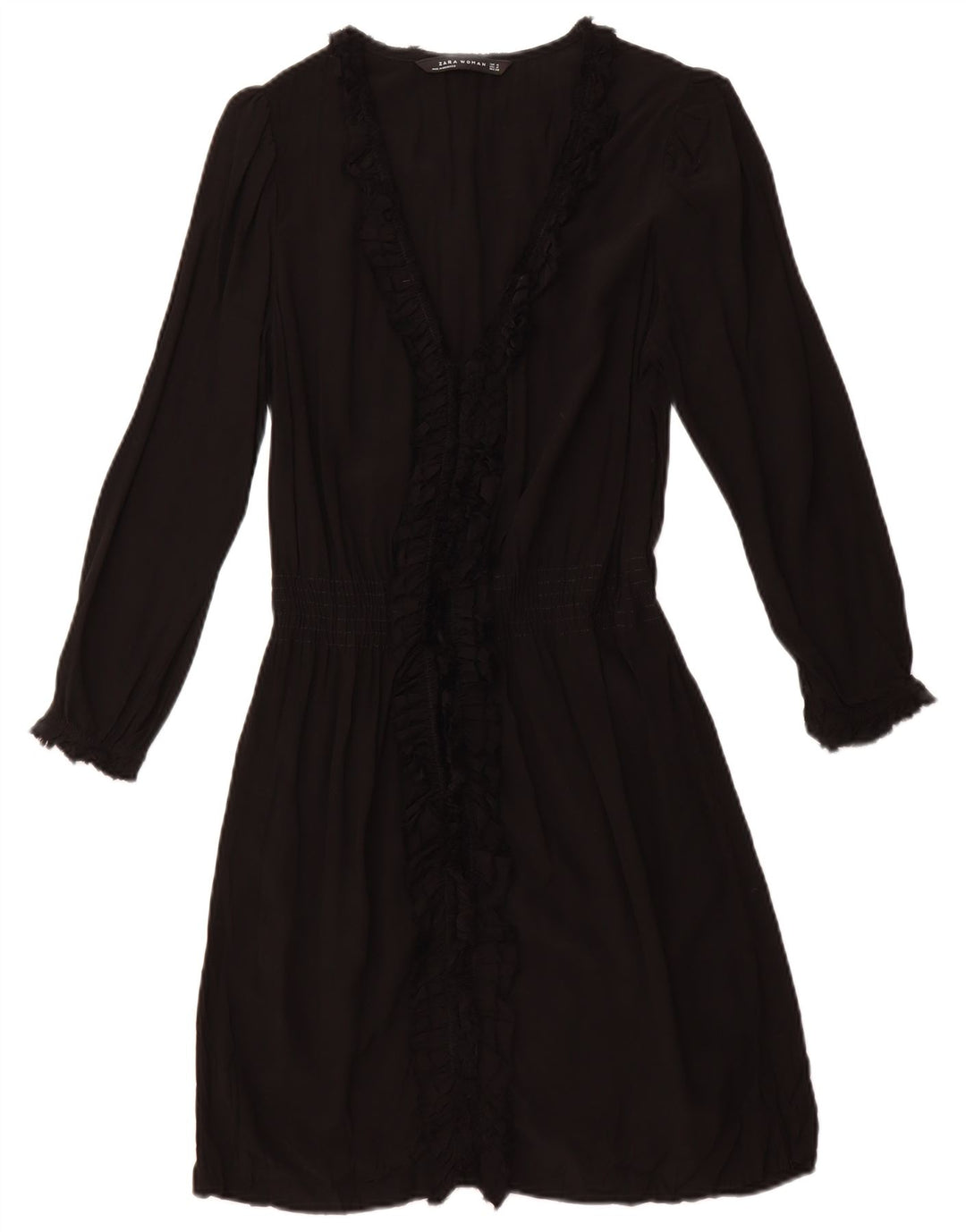 ZARA Mujer Vestido Acampanado De Manga Larga Con Volantes En La Parte Delantera UK 42 Mediano Negro