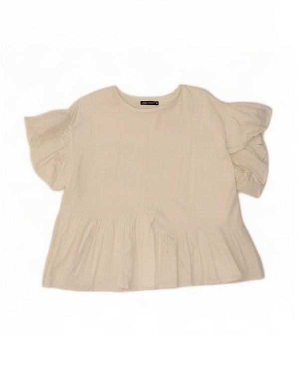 Zara Mujer Blusa Top UK 44 Medio Algodón Blanco