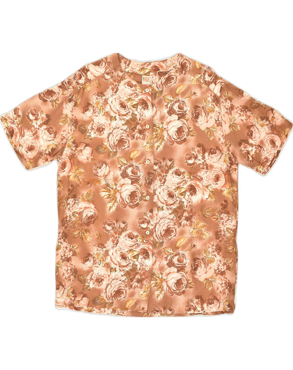 VINTAGE Blusa camisa de manga corta para mujer Reino Unido 12 Viscosa floral marrón medio