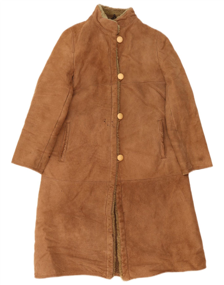 Vintage mujer shearling abrigo IT 44 cuero marrón medio