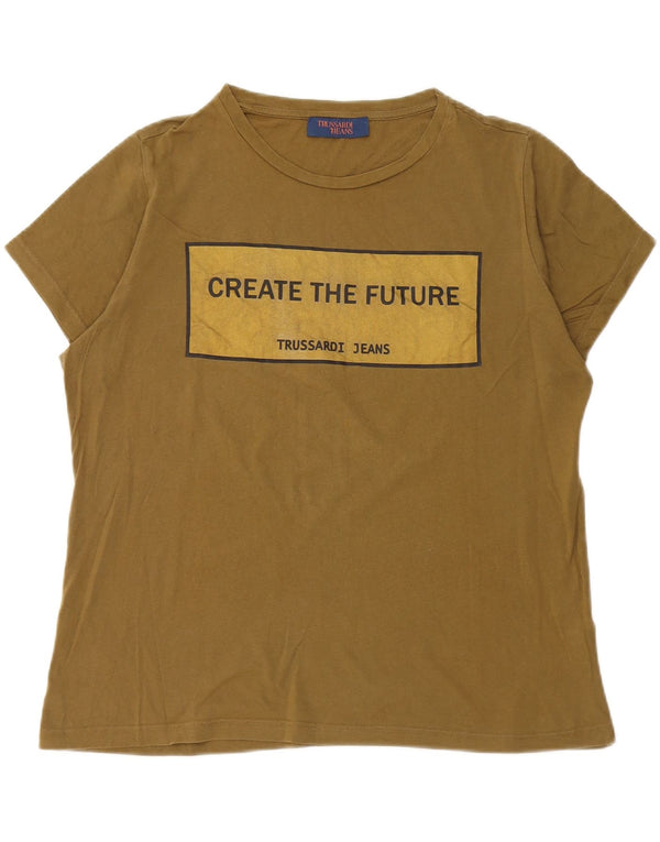 Trussardi Jeans Mujer Camiseta Gráfica Top UK 46 Large Caqui Algodón