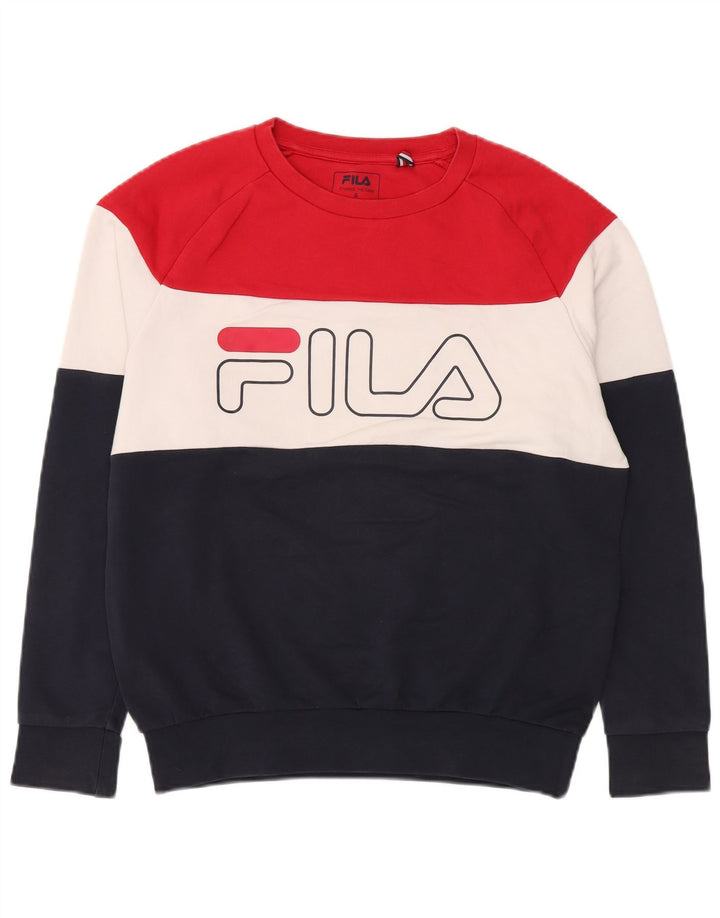 FILA Sudadera con estampado gráfico para hombre, jersey pequeño multicolor con bloques de color