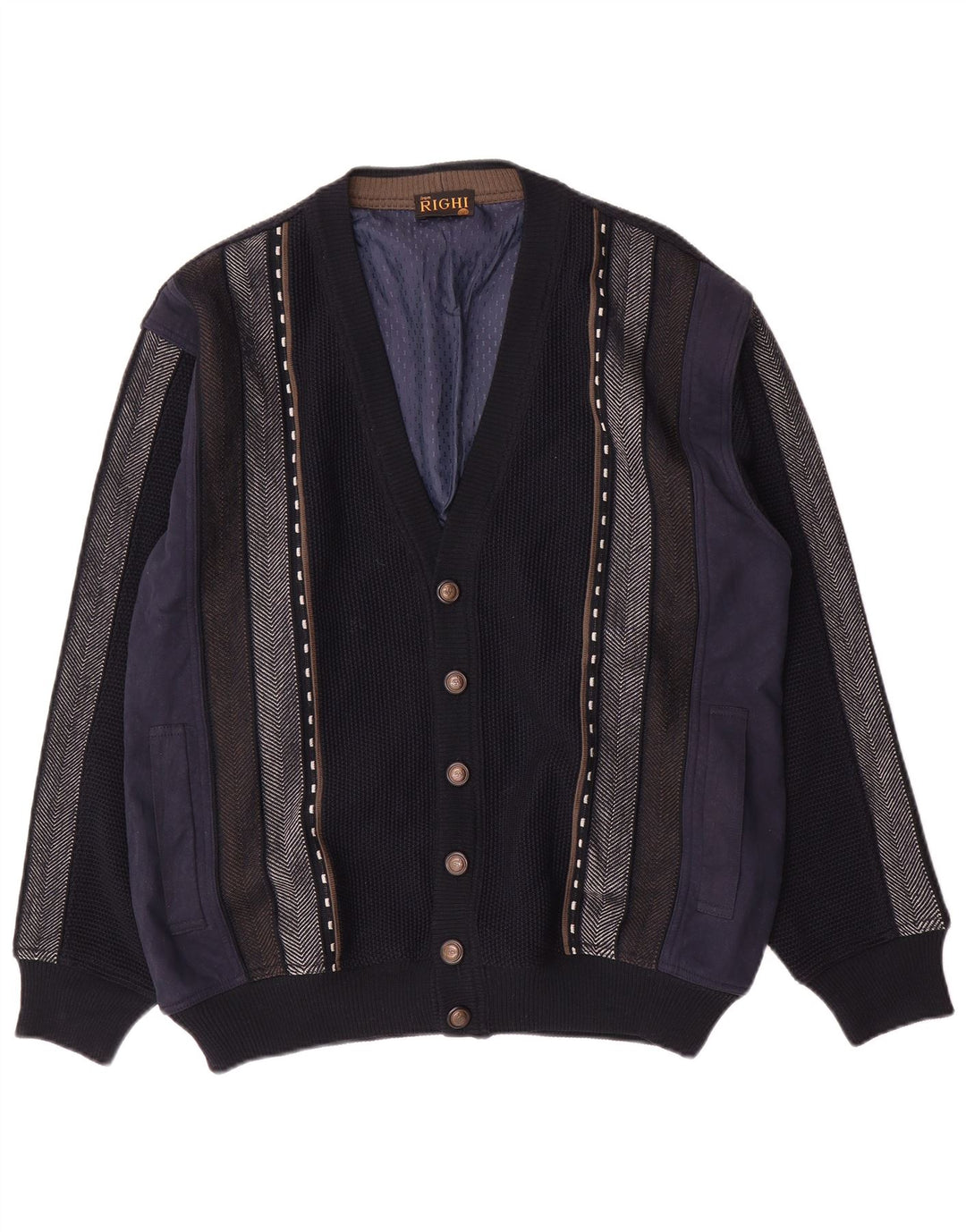 Vintage hombres Cardigan suéter grande azul marino rayas