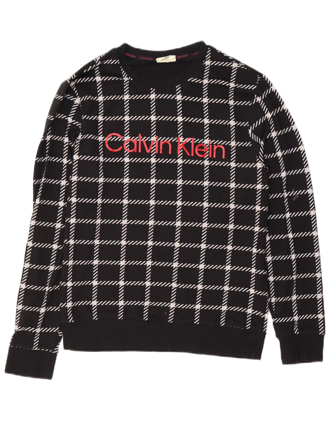 CALVIN KLEIN Sudadera con gráfico para hombre, jersey pequeño de algodón a cuadros negro