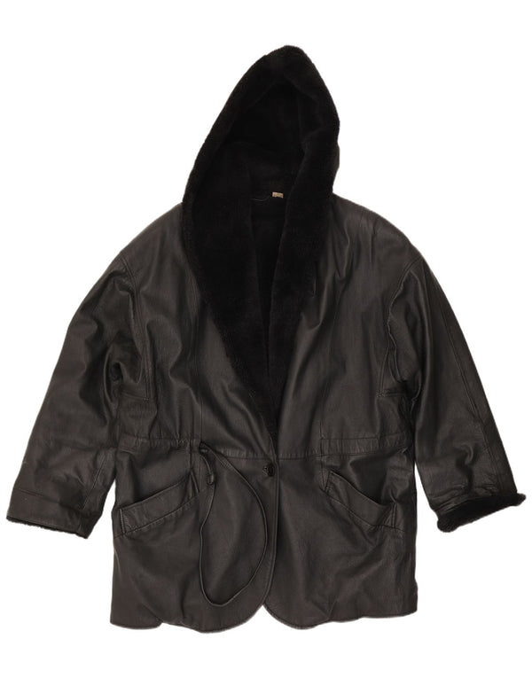 Vintage mujer Sherpa chaqueta de cuero con capucha Reino Unido 18 XL cuero negro