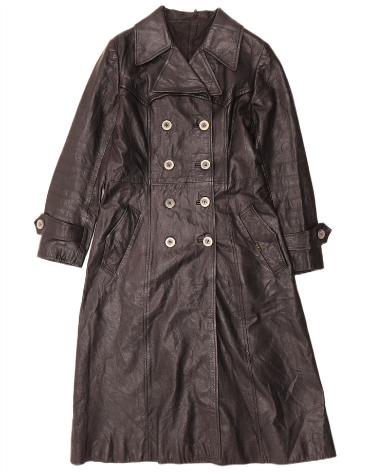 VINTAGE Abrigo de cuero para mujer Reino Unido 12 Cuero negro medio