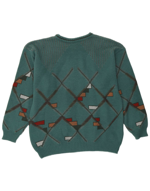 Vintage hombres cuello redondo jersey suéter medio verde geométrico