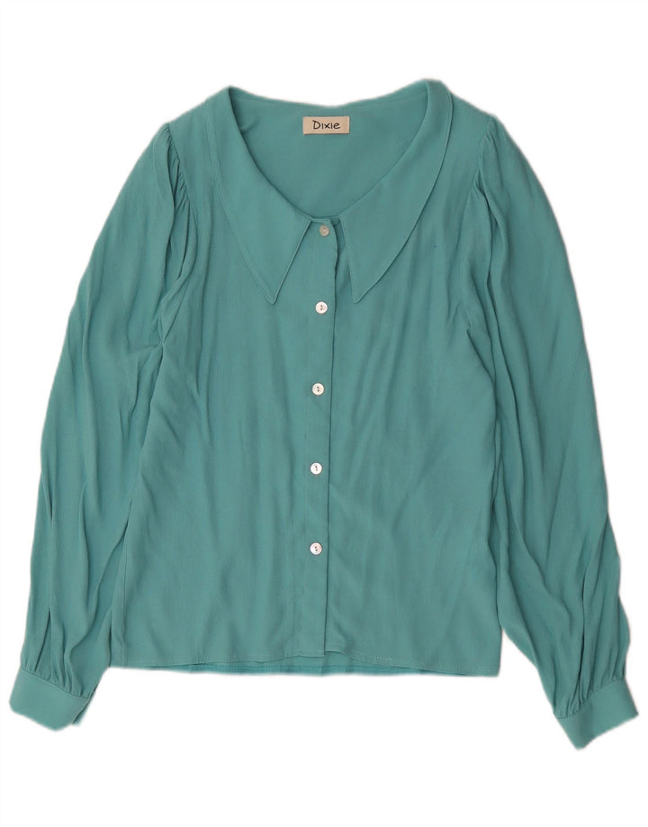 Vintage mujer camisa blusa Reino Unido 10 pequeña viscosa azul