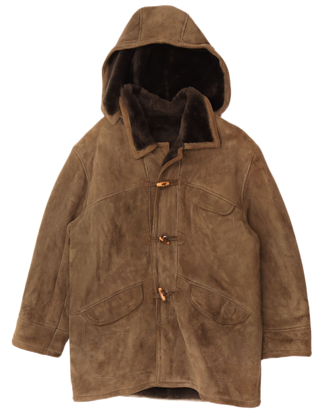 Abrigo vintage de piel de oveja con capucha para hombre IT 54 2XL Caqui