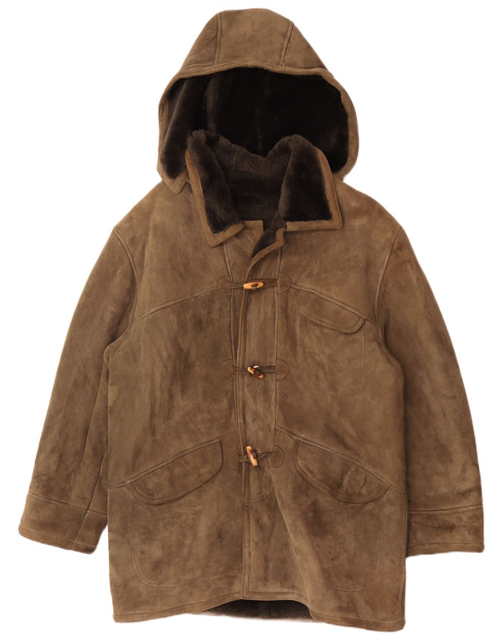 Abrigo vintage de piel de oveja con capucha para hombre IT 54 2XL Caqui