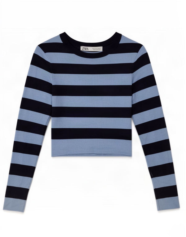 Zara Mujer Crop Top Manga Larga UK 42 Mediano Azul Marino Rayas