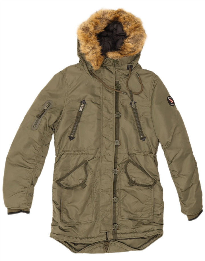 Superdry Parka con capucha para mujer, talla 48, nailon caqui mediano