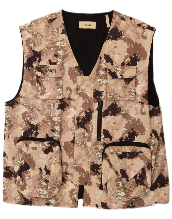 VINTAGE Hombres Utility Gilet Reino Unido 40 Algodón de camuflaje beige grande