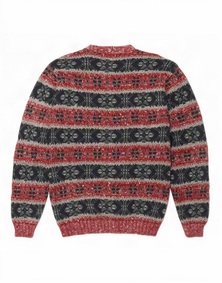 Vintage hombres cuello redondo jersey suéter medio multicolor Fair Isle lana